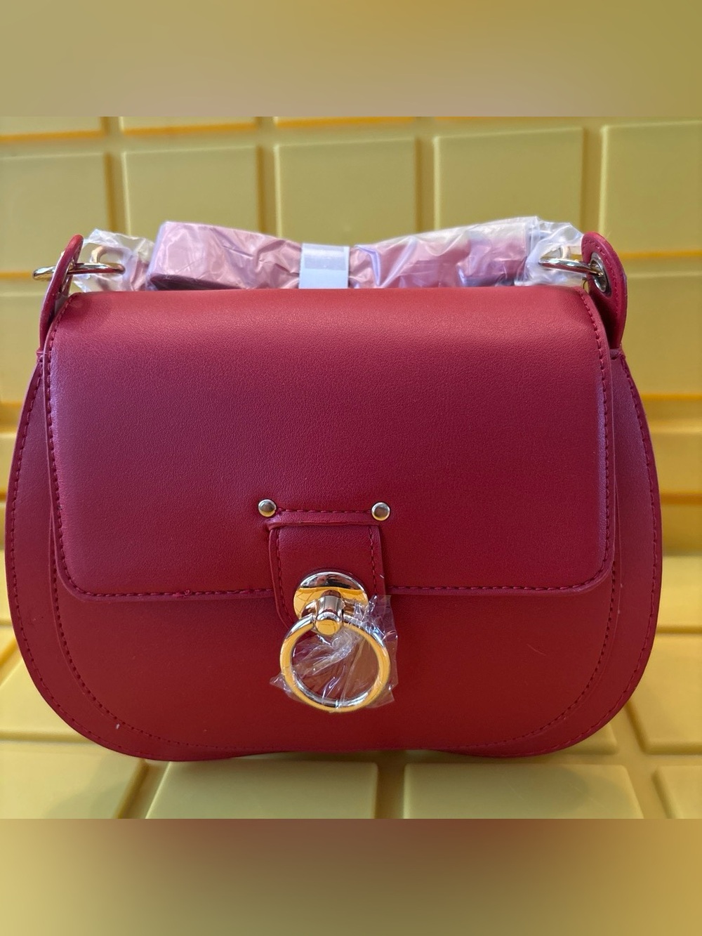 Red Badgley Mischka Leather Saddle Bag with Gold Detail